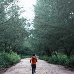 Jogger running outside in wooded area.