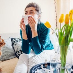 Spring allergy. Woman sneezing because of tulips flowers surrounded with pills and nasal drops sitting on sofa with cat at home. Seasonal allergy.