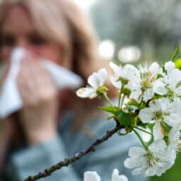 Woman blows nose by flower
