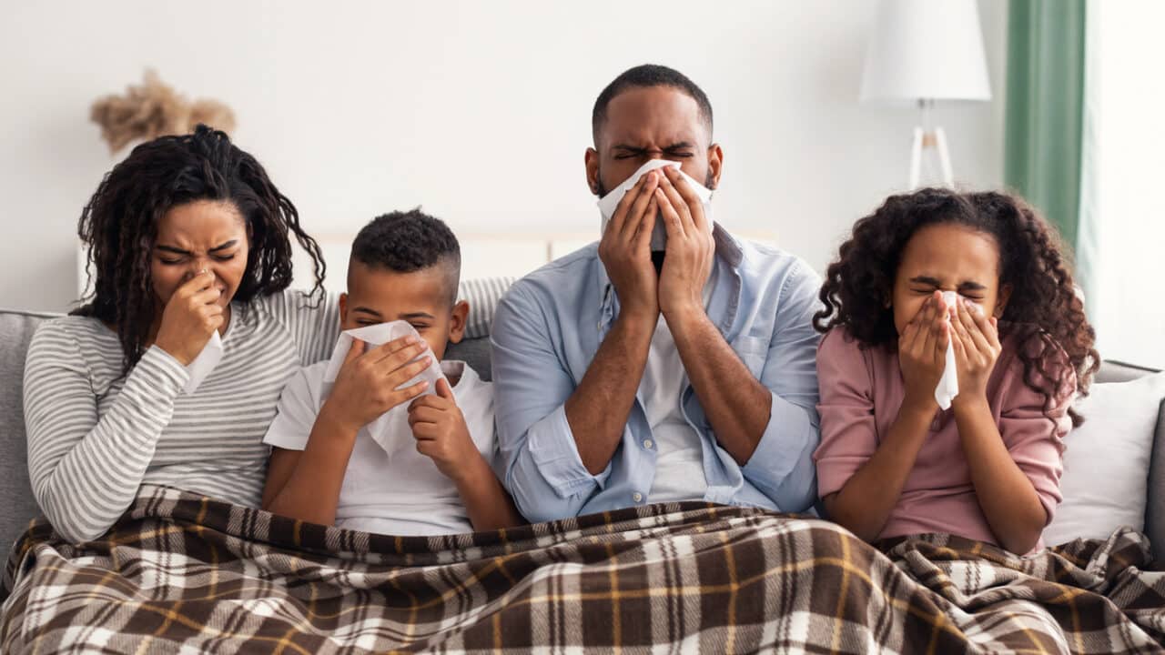 A family of four all blowing their noses into tissues.