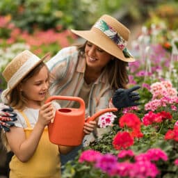 Little girl helping her mother water the plants at a nursery.